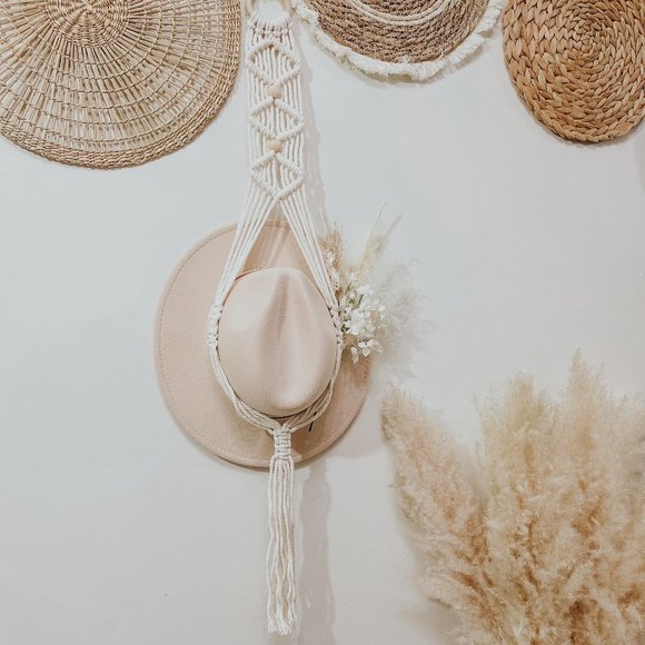 Boho Macrame Natural Hanging Hat Organizer Display - Picture 2 of 6